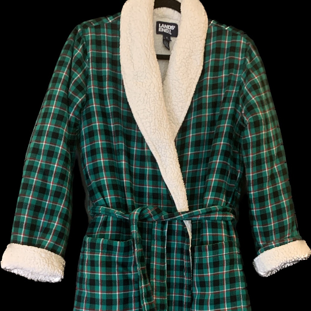 Lands' End Green Plaid Robe with White Trim